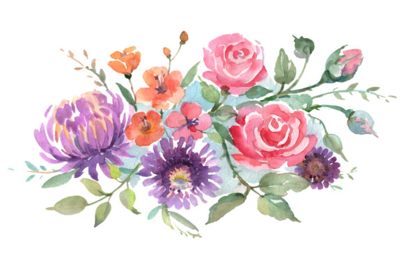 Bouquet with Roses and Asters Watercolor Illustrations