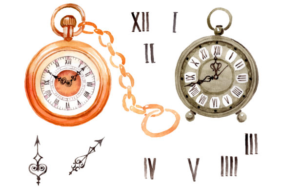 Clock Old Antiques Watercolor Illustrations