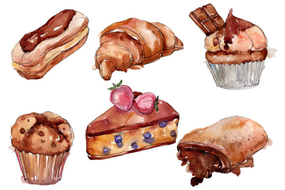 Dessert Cake with Chocolate & Croissant Illustrations