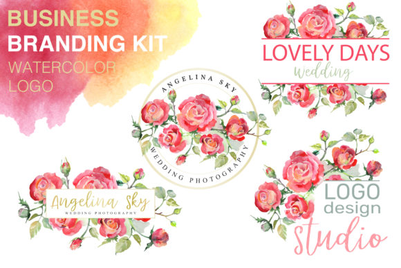 LOGO with Red Roses Watercolor Illustrations