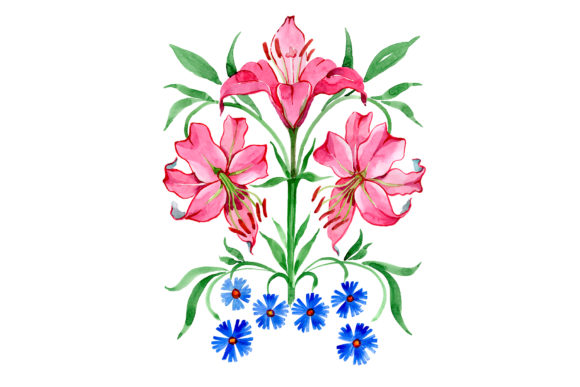 Ornament Red Lilies Watercolor Illustrations