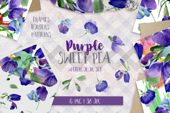Purple Sweet Pea PNG Watercolor Flower Set