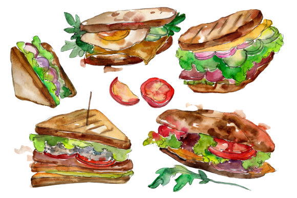 Tasty Sandwich Watercolor Set Illustrations