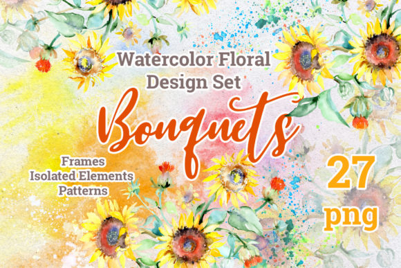 Watercolor Bouquets with Sunflowers PNG Illustrations