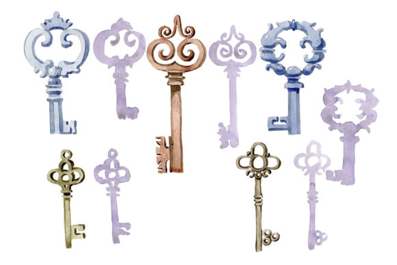 Watercolor Vintage Old Keys Set Illustrations